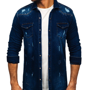 Camisa de Mezclilla Azul Oscuro para Hombre de Alta Calidad, Manga Larga, Desgastada, con Cuello Camisero, Corte Ajustado, Casual, con Botones y Bolsillo Delantero - Product Image 5