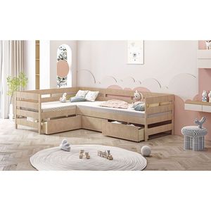 Letto a piattaforma a L naturale per bambini, con tre cassetti contenitore, misura Twin - Product Image 5