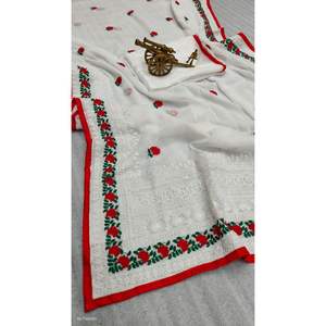 FANTAISIE GEORGETTE BRODERIE BUTTA TRAVAIL SAREE AVEC CHEMISIER NON COUDU BLANC - Product Image 3