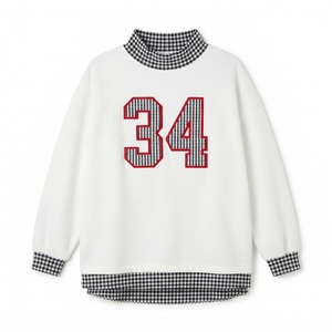 Comfortable Women's Oversized Turtleneck <b>Sweatshirt</b> <b>White</b> Gingham Trim Number 34 Embroidered Long Sleeve Casual Wear - Product Image 1