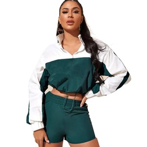 Ensemble de veste coupe-vent à capuche courte et short pour femmes, 2 pièces, couleur contrastée, léger, résistant à l'eau, vêtements de sport - Product Image 4