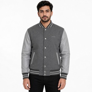 Chaqueta Universitaria Clásica, Cuerpo de Lana y Poliéster, Mangas de Cuero Sintético, Cuello y Puños Acanalados, Cierre de Botones a Presión, Estilo Casual Universitario - Product Image 1
