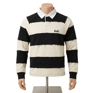Camiseta de Rugby Personalizada con Logotipo de Marca, Cuello Blanco en Contraste, con Rayas Desgastadas, 100% Algodón, Estilo Vintage para Hombre - Product Image 1