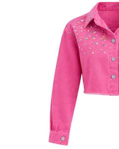 Veste en jean courte rose personnalisée pour femme avec fermeture boutonnée sur le devant ornée de strass, manches longues, style streetwear tendance - Product Image 5