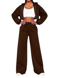 Ensemble de survêtement marron à capuche pour femme, manches longues, fermeture éclair, décontracté, avec poches latérales, pantalon large - Product Image 3