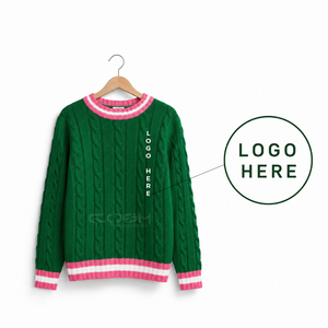 Cardigan à col rond en tricot vert personnalisé avec logo de la sororité Cosh International Sisterhood, manches longues, ourlet rayé contrastant - Product Image 5
