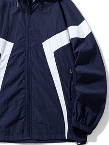 Custom Quality <b>Men</b> Hooded Windbreaker <b>Jacket</b> Navy Blue <b>White</b> Stripe Sporty Style Zipper Closure Loose Fit Autumn Outdoor Wear - Product Image 5