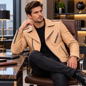 <b>Men</b>’s <b>Genuine</b> Ostrich <b>Leather</b> Biker <b>Jacket</b> Embossed Motorcycle <b>Jacket</b> /Asymmetrical Zip Belted Moto <b>Jacket</b> for <b>Men</b> - Product Image 5