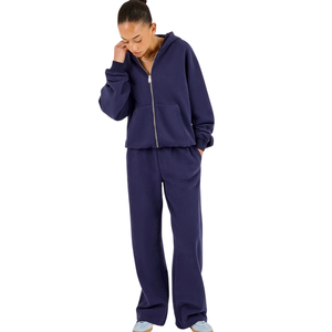 <b>Womens</b> Relaxed Full Zip Hooded Tracksuit Set <b>Long</b> Sleeve <b>Top</b> Straight Leg Trousers Drawstring Waist 2 Piece Casual Lounge Outfit - Product Image 4