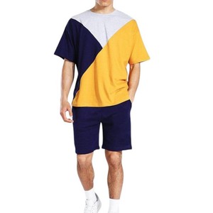 Conjunto de pantalones cortos de dos piezas con bloques de color para hombre, camiseta de manga corta y pantalones cortos en azul marino, amarillo y gris, conjunto de ropa informal de verano - Product Image 4