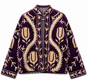 Purple <b>Velvet</b> Woven Embroidered Autumn/Winter/Spring <b>Jacket</b> Stand Collar Zipper <b>Women</b> Outerwear Floral Pattern Polyester/Cotton - Product Image 1