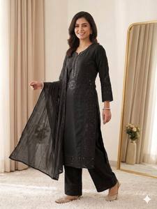 Premium Mal Chanderi Palazzo Suit Set for Women with Hand Mirror Work <b>Sequins</b> Embroidery and Organza Dupatta - Product Image 3