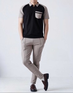 Top Design Men Color block Polo Shirt & <b>Pants</b> Set Black-Beige Contrast Design Casual Two-Piece Outfit Manufactured Tracksuit - Product Image 6