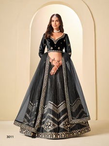 Lehenga Choli de Terciopelo Bordado Verde, Traje Tradicional de Boda para Mujer, Largo hasta el Suelo - Product Image 2
