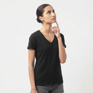 T-shirt en coton tricoté respirant à manches courtes et col en V pour femme Hawk Eye, couleur unie, décontracté, personnalisable, pour le printemps et l'été - Product Image 4