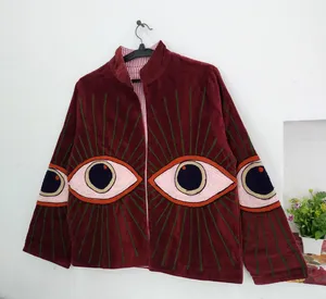 Veste traditionnelle Suzani brodée à col montant pour femme, en velours de luxe, avec applique œil porte-bonheur, style bohème, vêtement d'extérieur tendance - Product Image 5