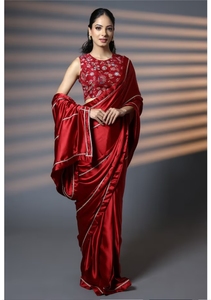 KV Ready to Wear Luxe <b>Red</b> and Gold Embellished Premium <b>Silk</b> Party Saree with Unstitched Blouse - Product Image 2