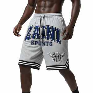 Shorts de bain en maille polyester premium gris, noir, blanc, avec empiècements rayés, logo personnalisé imprimé, respirants, pour homme. - Product Image 6