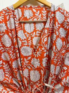 Women Orange Floral Print Cotton Maxi <b>Kaftan</b> Dress | Handmade Batwing Sleeve Eco-Friendly <b>Beach</b> Cover-Up Boho Resort Wear Free - Product Image 3
