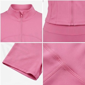 Pink 2 Piece Yoga Set Full Sleeve <b>Zipper</b> Front Crop <b>Top</b> High Waist Shorts Solid Color Breathable Sportswear Women's Activewear - Product Image 4