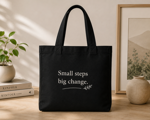 Canvas Fashion Tote <b>Bag</b> <b>Medium</b> <b>Size</b> Black with 'Small Steps Big Change' Print Groceries Daily Use Hand Length Handle - Product Image 5