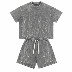 Ensemble T-shirt et short pour homme RMG, personnalisé, délavé à l'acide, avec strass, respirant, 100% coton, pour l'été - Product Image 1