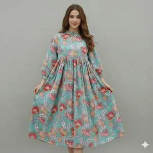 Robe midi en coton bleu clair de qualité supérieure, à imprimé floral, avec manches bouffantes, coupe ample, col en V, robe d'été décontractée - Product Image 2