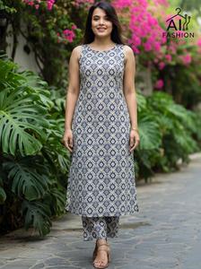 Latest Summer Collection Cotton Printed Kurta <b>Pant</b> Set Sleeveless A <b>Line</b> Tunic Palazzo <b>Pants</b> for Daily Casual Wear for Women Fit - Product Image 3