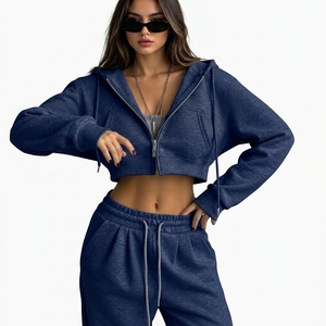 Women's <b>Zip</b> <b>Up</b> <b>Cropped</b> <b>Hoodie</b> Tracksuit Custom Sweatshirt Elastic Waist Pants Side Pockets Casual Loungewear Set Wholesale - Product Image 1