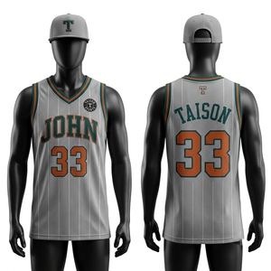 Maillot de basket rétro en maille polyester premium 180 GSM gris avec rayures vert-bleu et orange, broderie par sublimation personnalisée - Product Image 1