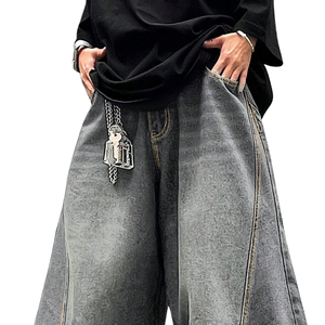 Jeans Anchos Grises para Hombre, Cintura Alta, Transpirables, de Secado Rápido, 100% Algodón, Lavado Enzimático Vintage, Corte Holgado Informal - Product Image 3