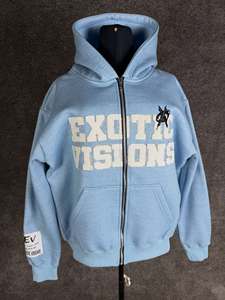 Exotic Visions Oversized Zip-<b>Up</b> Hoodie <b>Light</b> Blue Applique <b>Letter</b> Print Unisex Casual Autumn Wear - Product Image 1