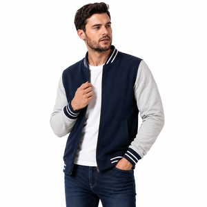 Mens Navy Blue Varsity <b>Jacket</b> Contrast Sleeve <b>Zip</b> <b>Up</b> Bomber Coat Casual Spring Outerwear - Product Image 3