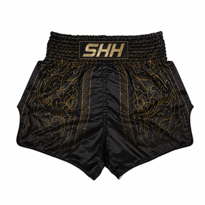 กางเกงขาสั้นมวยไทยสีดำทอง Shh กางเกงมวยผ้าซาตินของผู้ชายดีไซน์ปกติพอดีพิมพ์ลาย - Product Image 1