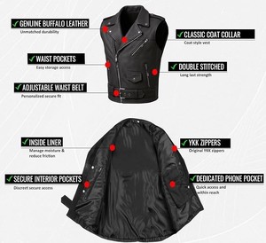 <b>Men's</b> Black Genuine <b>Leather</b> Casual Lace Moto <b>Vest</b> V-neck Zipper Closure Plus Size Regular Fit Solid Color Outerwear - Product Image 4