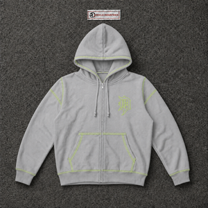 เสื้อฮู้ดซิปสีเทาสไตล์โกธิค แต่งตะเข็บสีเขียว ทรงโอเวอร์ไซส์ สตรีทแวร์ ปักโลโก้ ยูนิเซ็กส์ แฟชั่นพังก์แบบคัสตอม เหมาะสำหรับผู้ชาย - Product Image 5