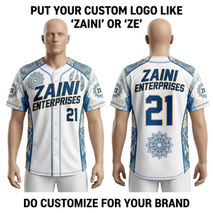 เสื้อเบสบอลโพลีเอสเตอร์พรีเมียม 180 GSM สีขาว-น้ำเงิน แผงตกแต่งแบบกำหนดเอง พิมพ์ลายแบบ Sublimation ป้องกันแบคทีเรีย แห้งเร็ว สำหรับเล่นกีฬา - Product Image 1