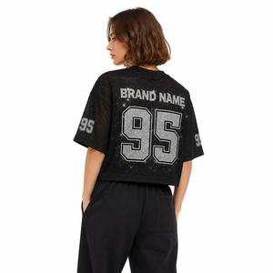 Maillots en jersey à maille scintillante avec logo personnalisé, faible MOQ, séchage rapide, polyester, crop top pour femme, col rond, maillot de football américain, streetwear - Product Image 2