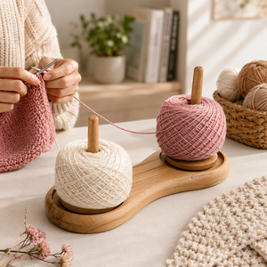 Support pour deux pelotes de fil |   Support de filature en bois de hêtre naturel |   2 broches rotatives pour le tricot et le crochet |   Organisateur de fils - Product Image 2