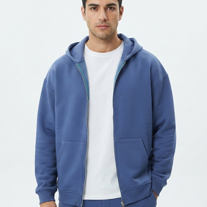 Sweat-shirt à capuche zippé bleu uni pour homme, en molleton de coton, coupe décontractée, idéal pour l'automne, style ample – Grande Vente - Product Image 1