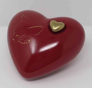 Urne commémorative rouge avec imprimé chat doré et mini cœur pour cendres, Cœur pour cendres funéraires en métal laiton/aluminium - Product Image 1