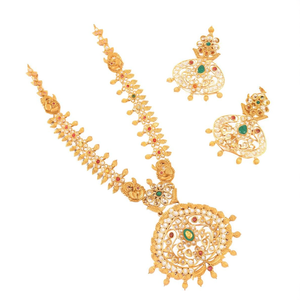 Antique Gold Plated Bridal Jewelry Set-24K Gold Lookalike Necklace and Earring Set - Product Image 2