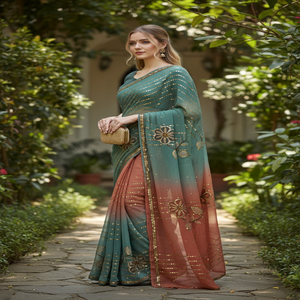 Sari de Lujo con Diseño Exclusivo Indio, con Borde de Lentejuelas y Encaje Intrincado en Dos Tonos, Ideal para Fiestas - Product Image 1