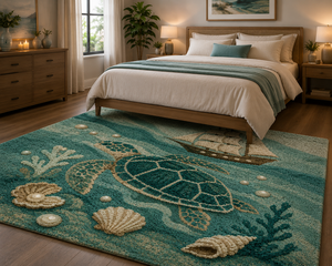 Tapis Tortue Marine, Tapis en Laine Coquillage, Tapis Tortue Marine Bateau Perle, Tapis Tufté Fait Main, Tapis en Laine Douce, Tapis Décoratif Maison de Plage - Product Image 4