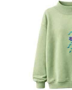 Sudadera de Forro Polar Oversize Verde Claro Personalizada para Mujer, con Cuello Alto y Bordado Floral, Estilo Casual de Invierno, Ajuste Holgado, Top de Moda - Product Image 4