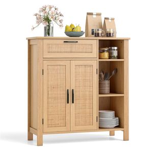 Credenza per Sala da Pranzo in Rattan Naturale con Cassetto Estraibile e 3 Ripiani Aperti Regolabili, Mobile con 3 Posizioni di Ripiano - Product Image 1