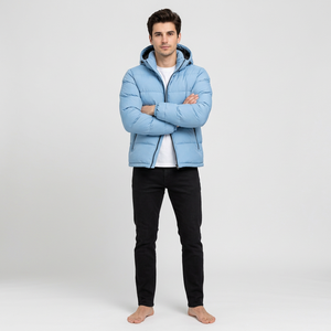 <b>Men</b> Hooded Puffer Jacket Winter Warm Breathable Polyester Filling Zipper Closure Casual Solid Color Loose Fit Front Logo Blue - Product Image 3