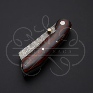 Cuchillo de bolsillo de acero de Damasco hecho a mano con mango de madera dura y funda de cuero, listo para la aventura, hoja plegable. - Product Image 5