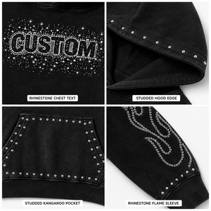 Sudadera con Capucha Personalizada con Logotipo de Pedrería, Estilo Urbano, Vintage, Lavado Ácido, Oversize, con Tachuelas, de Forro Polar Pesado de Algodón para Hombre - Product Image 4
