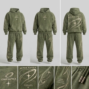 Men's <b>Oversized</b> Olive Green Acid Wash Hoodie Tracksuit Sets Heavyweight Streetwear Cotton <b>Jogger</b> Matching Sweat Suit Custom - Product Image 3